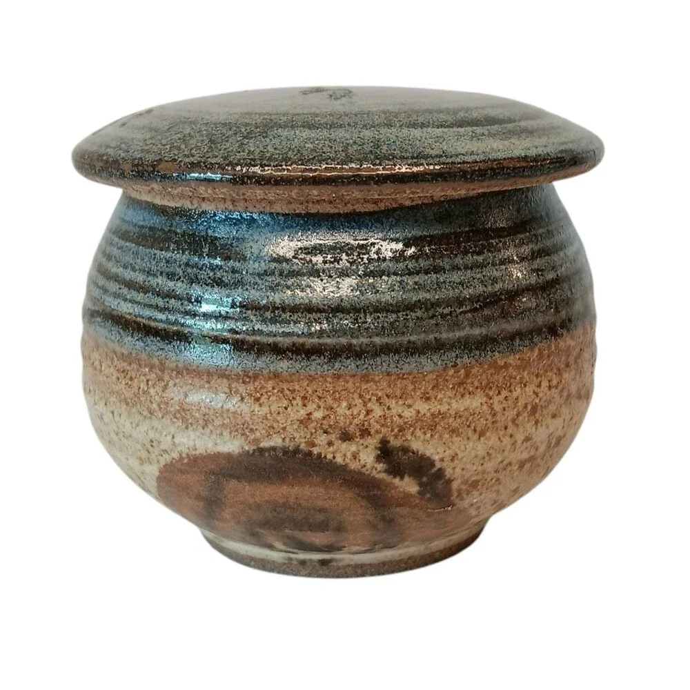 Sherwood Pottery Blue Lidded Jar Brown Swirl Jam Jar Or Trinket Box 3.5